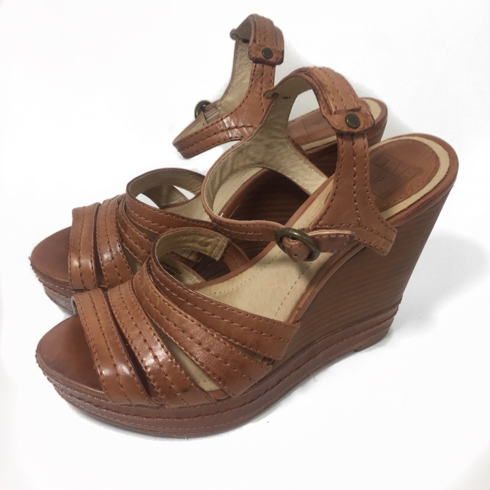 Frye Brown Stacked Heel Wedge Sandals